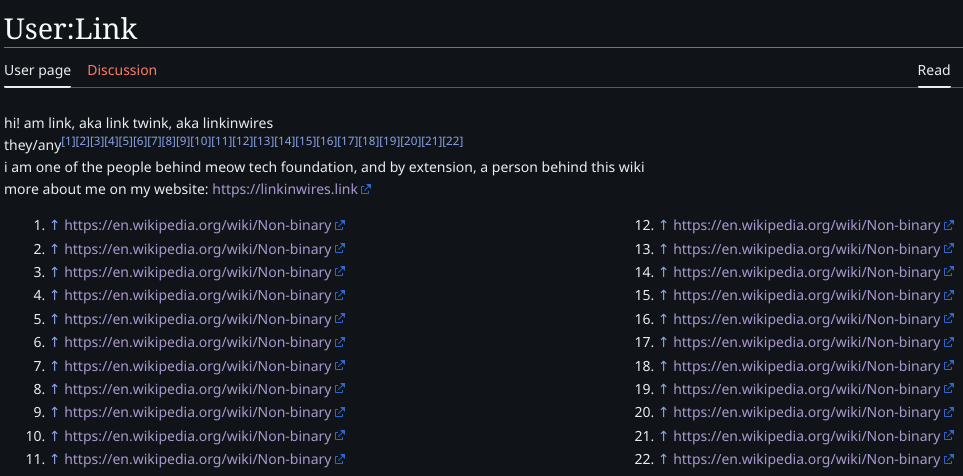 My user page on Meow Tech Foundation. There are 22 references nearby "they slash any" all of which point to the Wikipedia article for "Non-binary"