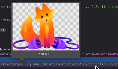 The source URL for the image in Firefox's "Server not found" error starts with the "chrome" protocol.
